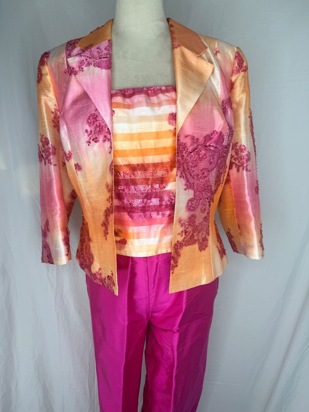 Bob Mackie Boutique Beaded Lace Statement Suit 3 Pcs Jacket Cami Silk Pants